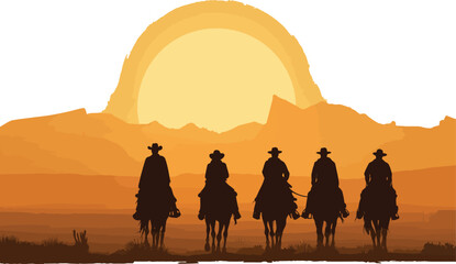 Silhouette of five cowboys riding horses across a desert landscape at sunset with mountains in the distance
