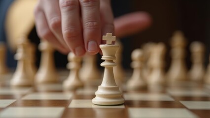 White wooden chess queen piece positioned on chessboard with hand reaching to move piece