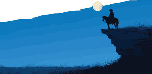 Silhouette of a cowboy on horseback at the edge of a cliff under the moonlight in the night sky