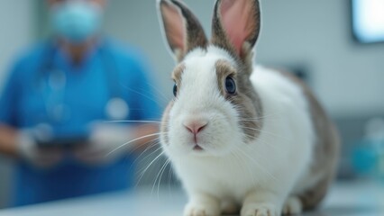 rabbit with alert expression sits in veterinary clinic. Blurred medical professional in blue uniform in background
