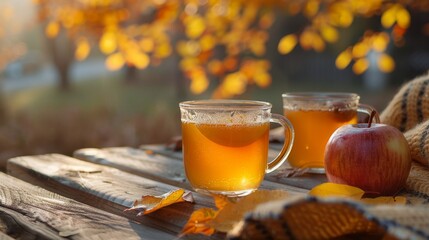Enjoying a Warm Autumn Evening Sipping Spiced Apple Cider from Rustic Mugs, Perfect for gatherings with loved ones