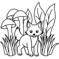 Curious fox cub hiding behind colorful mushrooms illustration