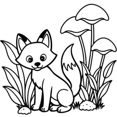 Curious fox cub hiding behind colorful mushrooms