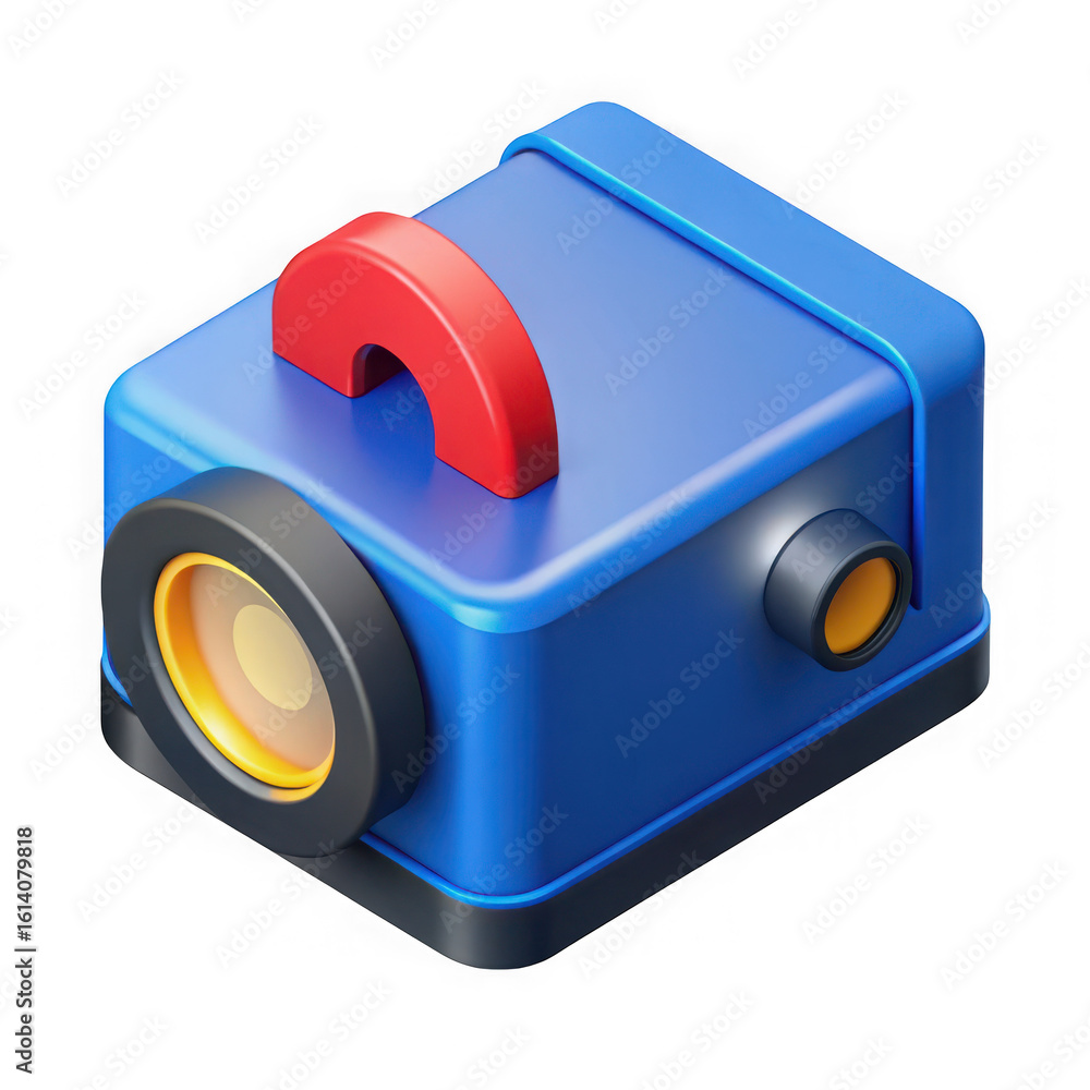 Poster blue 3d cartoon projector with red handle isolated on transparent background