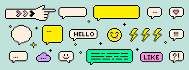 Y2k pixel retro dialogue box set. 8 bit communication elements of speech bubble, chat balloon, forefinger pointing icon, smile face for text message, game interface, streaming overlay, social media