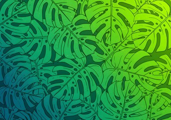 Monstera Leafy Background Illustration, Tropical Plant Design, Green and Blue Gradient, Nature-Inspired Artwork.