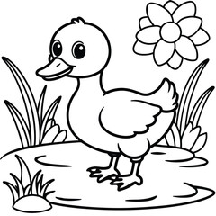 Cute duckling waddling near pond with reeds and flowers banner