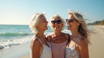 Three mature women enjoying friendship during a beach vacation by the ocean