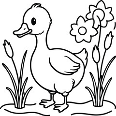 Cute duckling waddling near pond with reeds and flowers banner