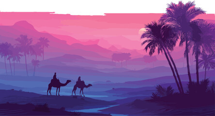 Two camels with riders silhouetted against a pink and purple desert landscape with palm trees and mountains