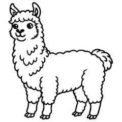 Fluffy alpaca standing on a hillside with tufts of grass