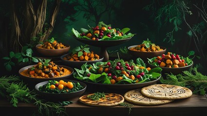 Rustic Woodland Banquet: Hearty Bowls, Flatbreads, and Natural Garnishes in a Forest Setting

