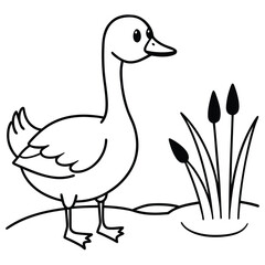 Friendly goose waddling near pond with reeds banner advertisement