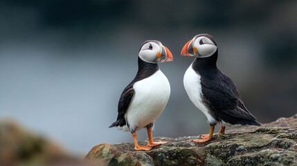 A pair of puffins stands together on a rocky outcrop, their colorful beaks and striking plumage a testament to the beauty of seabirds in their natural habitat.
