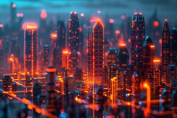 A futuristic city skyline glows with neon lights at night. This digital art depicts a cyberpunk metropolis with advanced architecture. A perfect vision of future technology and urban landscapes.