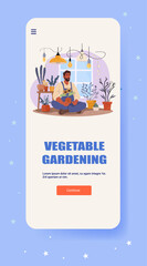 Vegetable gardening indoor plants man holding pot surrounded by potted greenery under hanging lights window background mobile app screen