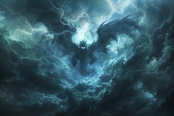 A terrifying dragon emerges from a dark stormy sky. This epic fantasy creature summons lightning and thunder from chaotic clouds.