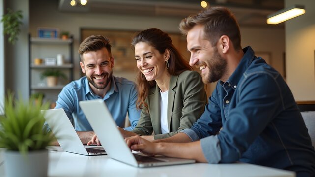Smiling professionals collaborating in a creative office environment with positive energy