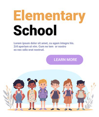 Elementary school kids group diversity backpacks smiling outdoor plants pastel colors website banner