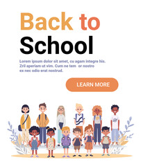 Back to school diverse children group students standing together colorful backpacks leaves modern flat website banner