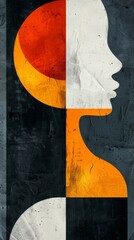 An abstract profile of a person in orange black and white. This modern art uses geometric shapes and textured paper. A minimalist and contemporary design for creative projects.