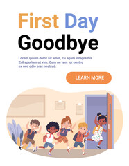 School children running classroom backpacks diverse students joyful first day excitement colorful interior educational setting website banner