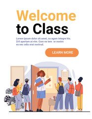 Teacher welcoming students classroom back to school diverse children backpacks entering open door modern education flat landing page