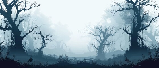 A spooky forest has twisted trees in dense fog. This mysterious landscape creates a dark and eerie atmosphere. A perfect background for Halloween or fantasy horror themes.