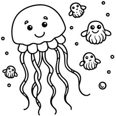 Smiling jellyfish with trailing tentacles floating underwater