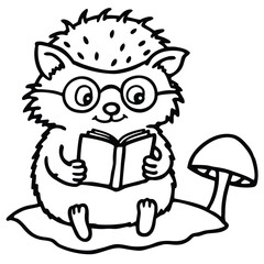 Tiny hedgehog wearing glasses reading a book illustration