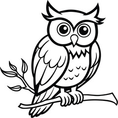 Wise owl perched on tree branch with big eyes