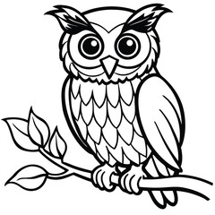 Wise owl perched on tree branch with big eyes