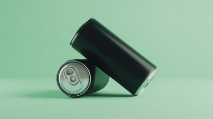 Two black beverage cans leaning against each other on a soft green background, showcasing modern design and minimalistic style for product display and branding purposes