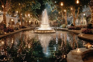 A sparkling fountain surrounded by decorative lights for a night celebration.