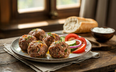 A photograph of a plate of "Qofte" - traditional Albanian meatballs - presented on a rustic wooden table. 