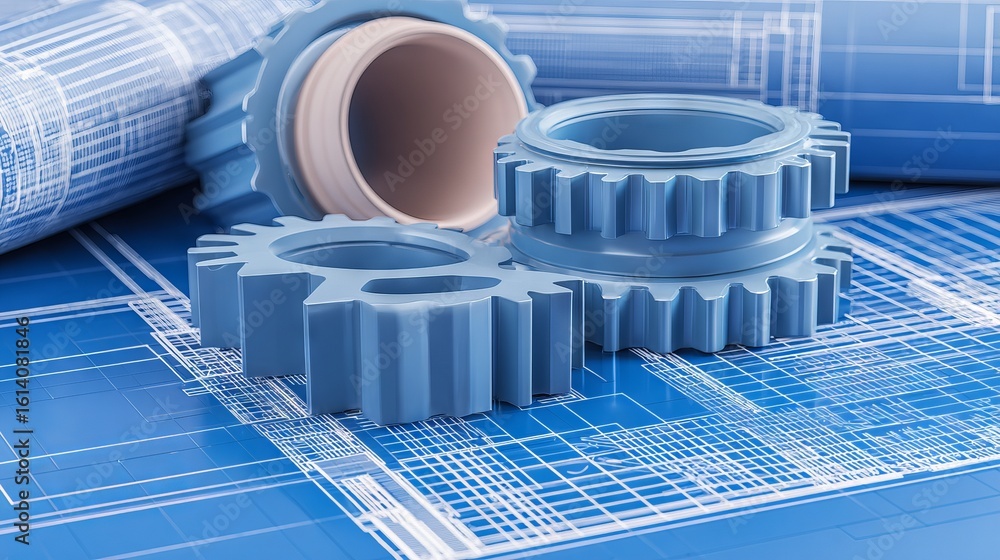 Poster blue gears placed on technical blueprint background, showcasing intricate design details and enginee