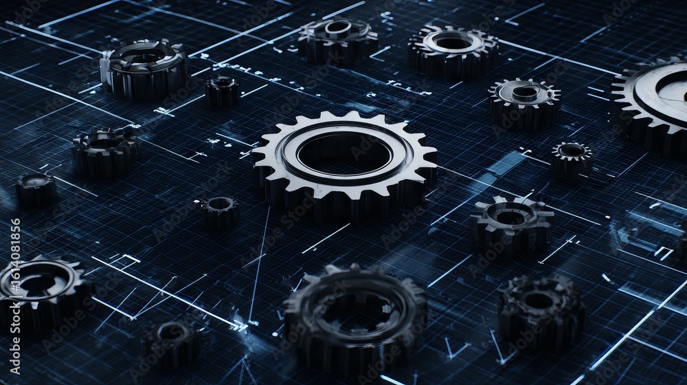 Poster close-up view of various metallic gears on a dark blueprint background, showcasing intricate designs