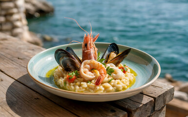 A photograph of a perfectly plated seafood risotto dish, showcasing the vibrant national cuisine of Albania.