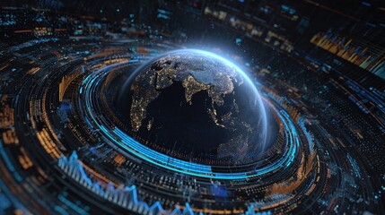 Global Connectivity: Earth surrounded by data streams, representing interconnectedness and digital networks. Illustrates global communication and technology.