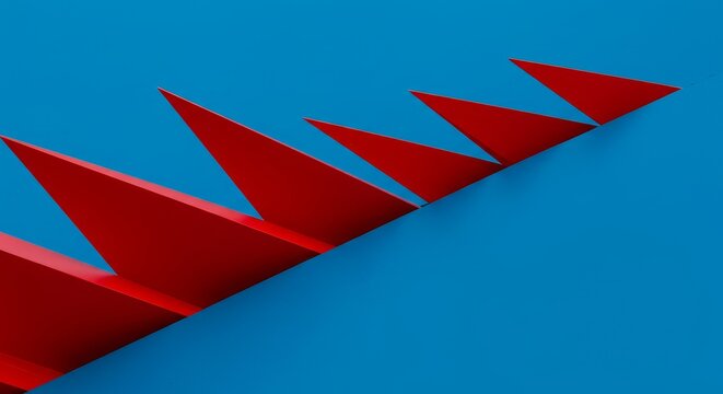 Symmetrical geometric arrangement, red triangular shapes ascending on a blue background minimal
