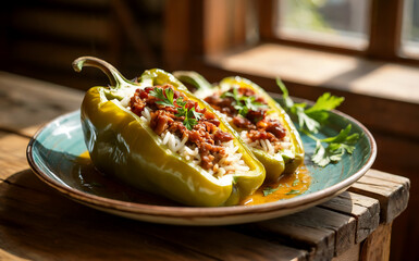 A photograph showcasing a plate of "Speca të Mbushura" – traditional Albanian stuffed peppers. The peppers, vibrant green and slightly charred, are generously filled with a mixture of fluffy white ric