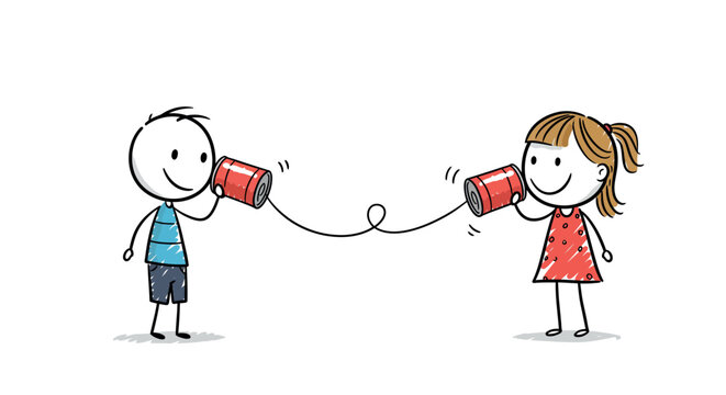 Children communicating with tin can telephones in playful stick figure style