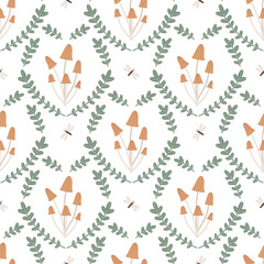 Seamless pattern with brown mushrooms and ferns