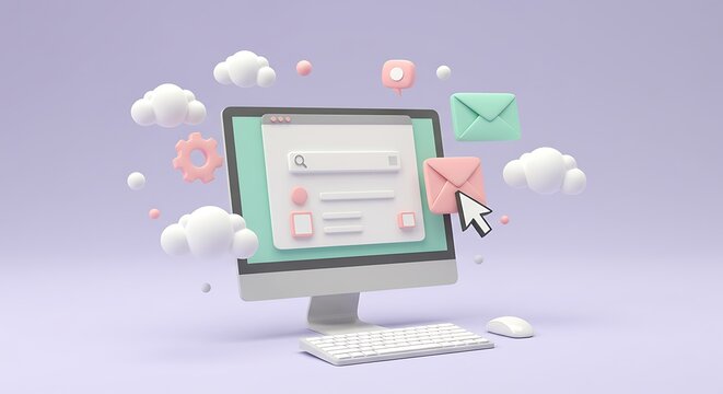 Modern Desktop Computer with Email Notifications and Cloud Computing Elements on a Light Purple Background Perfect for Digital Marketing Campaigns