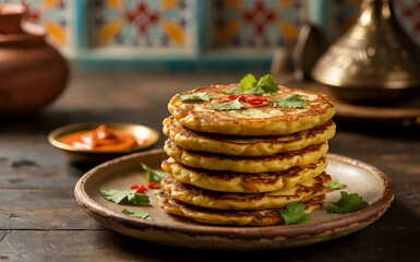 A photograph showcases a stack of golden-brown Makuda, Algerian spicy potato pancakes, arranged on a rustic earthenware platter. The pancakes have a slightly crispy exterior and a fluffy interior, spr