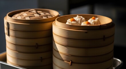 Steaming hot dim sum dumplings served fresh in traditional bamboo steamers, perfect for authentic Asian cuisine experiences and culinary content.