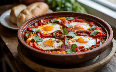 A photograph of a vibrant Shakshuka dish, a staple of Algerian national cuisine, served in a rustic earthenware tagine