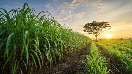 Scenic Sugar Cane Field at Sunset: Rows of vibrant sugar cane plants lead to a distant tree silhouetted against the glowing horizon, under a pastel sky.