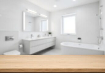 Fototapeta premium Modern Bathroom Interior with Wooden Table - Elegant White Design, Bathtub, Sink, Mirror, Clean, Minimalist.