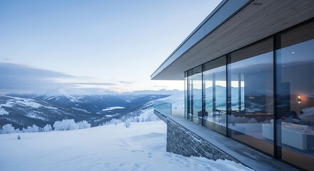 Modern glass house overlooking snow-covered mountains at dusk